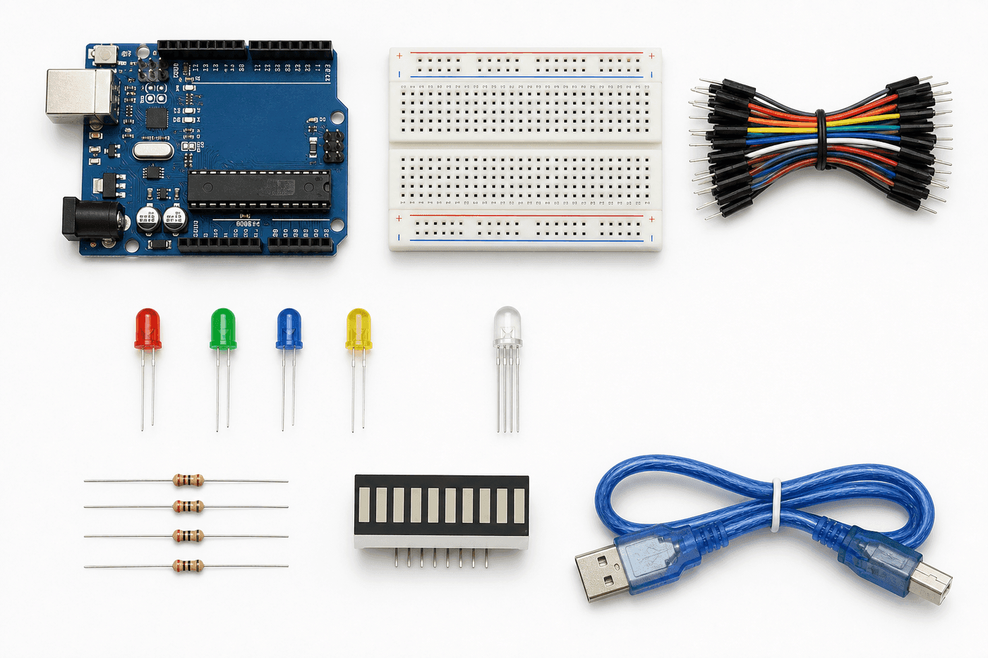 Robot Gurukul Starter Kit contents — Arduino board, breadboard, wires, LEDs and more