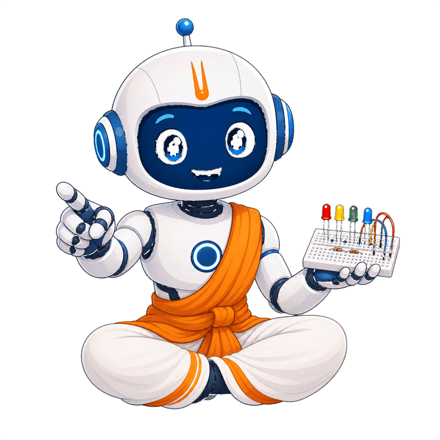 Robot Gurukul mascot teaching with an Arduino breadboard